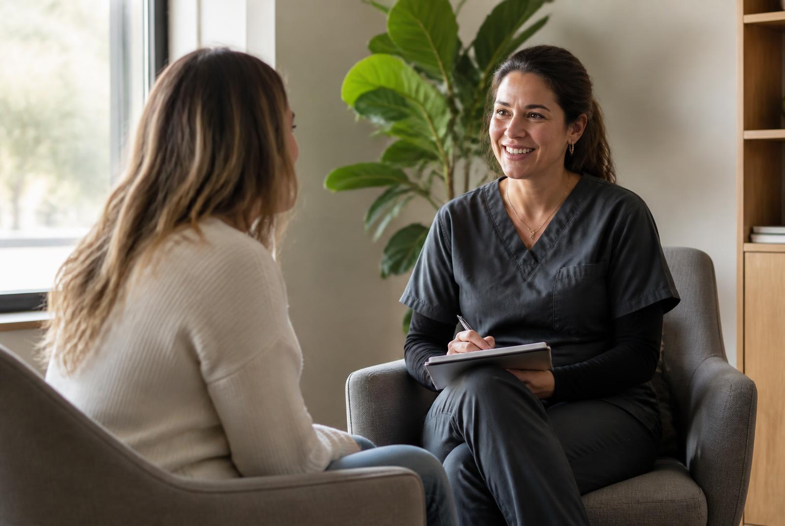 A behavioral health provider listening to a patient during a consultation in a bright, comfortable office