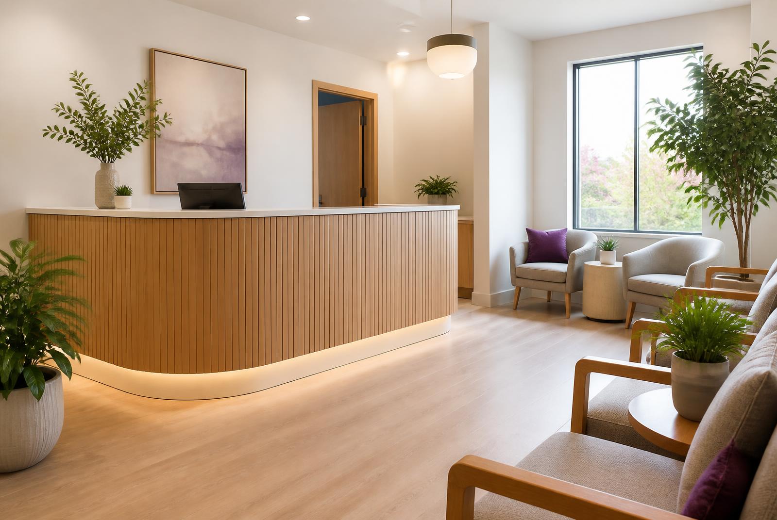 Calm, welcoming clinic reception and waiting area with natural light and plants