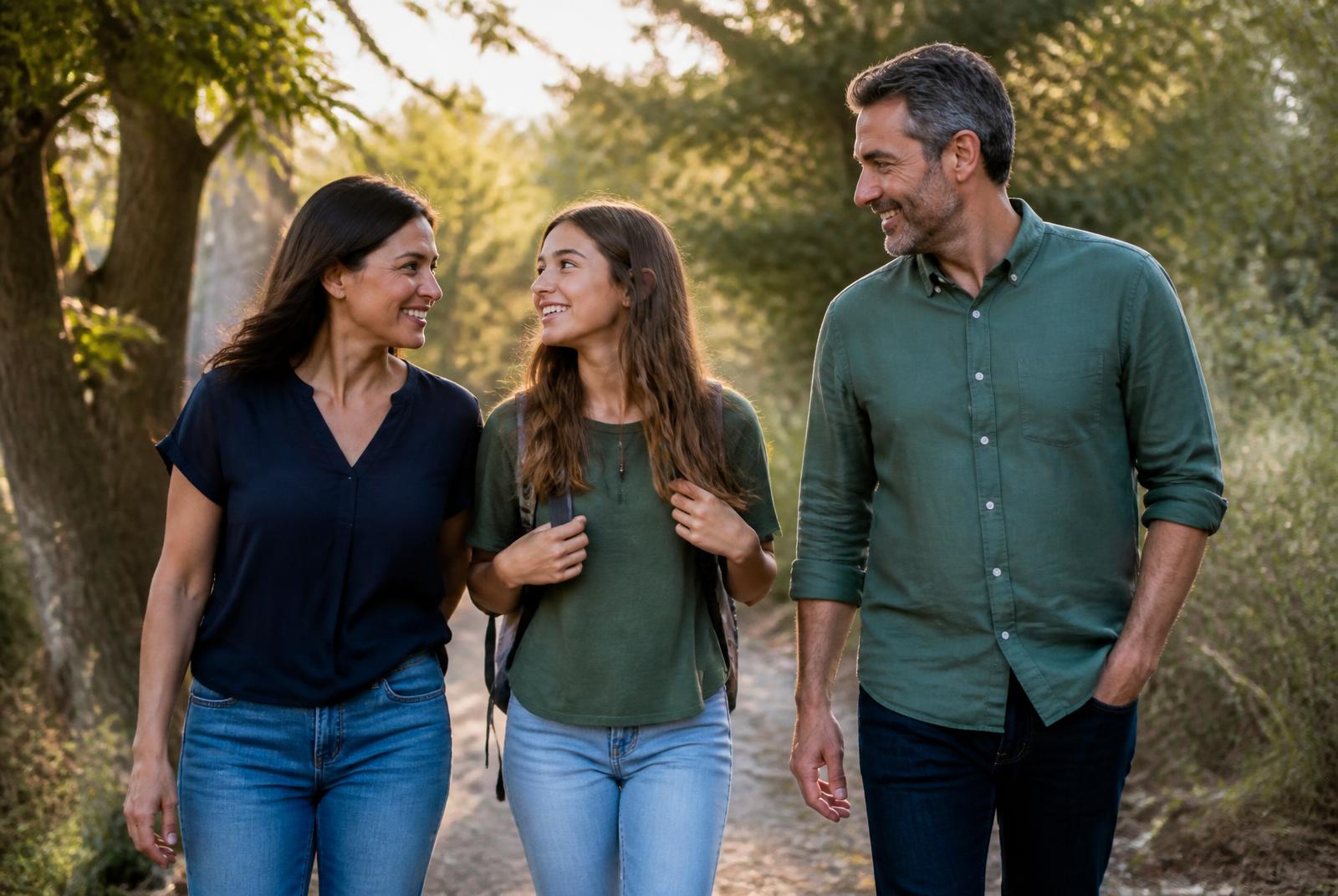 A family walking together outdoors in warm afternoon light